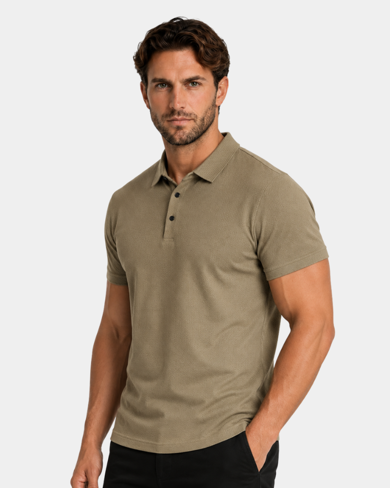 Man wearing a green polo shirt against a white background #Color_camel