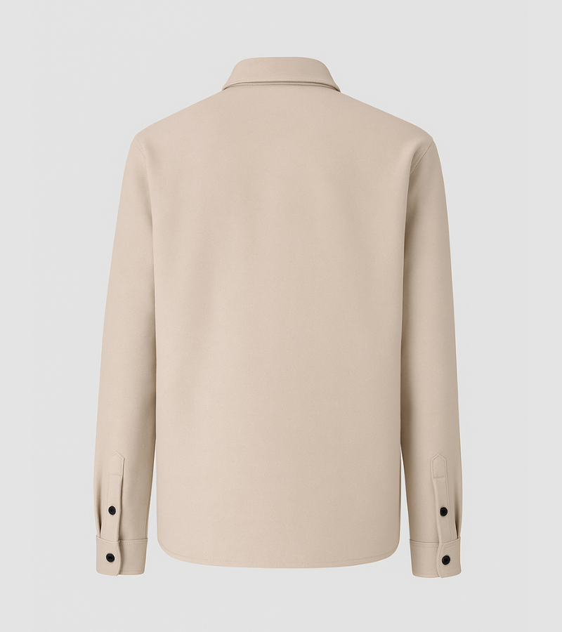 Back view of beige long-sleeve shirt with black buttons on cuffs on plain background