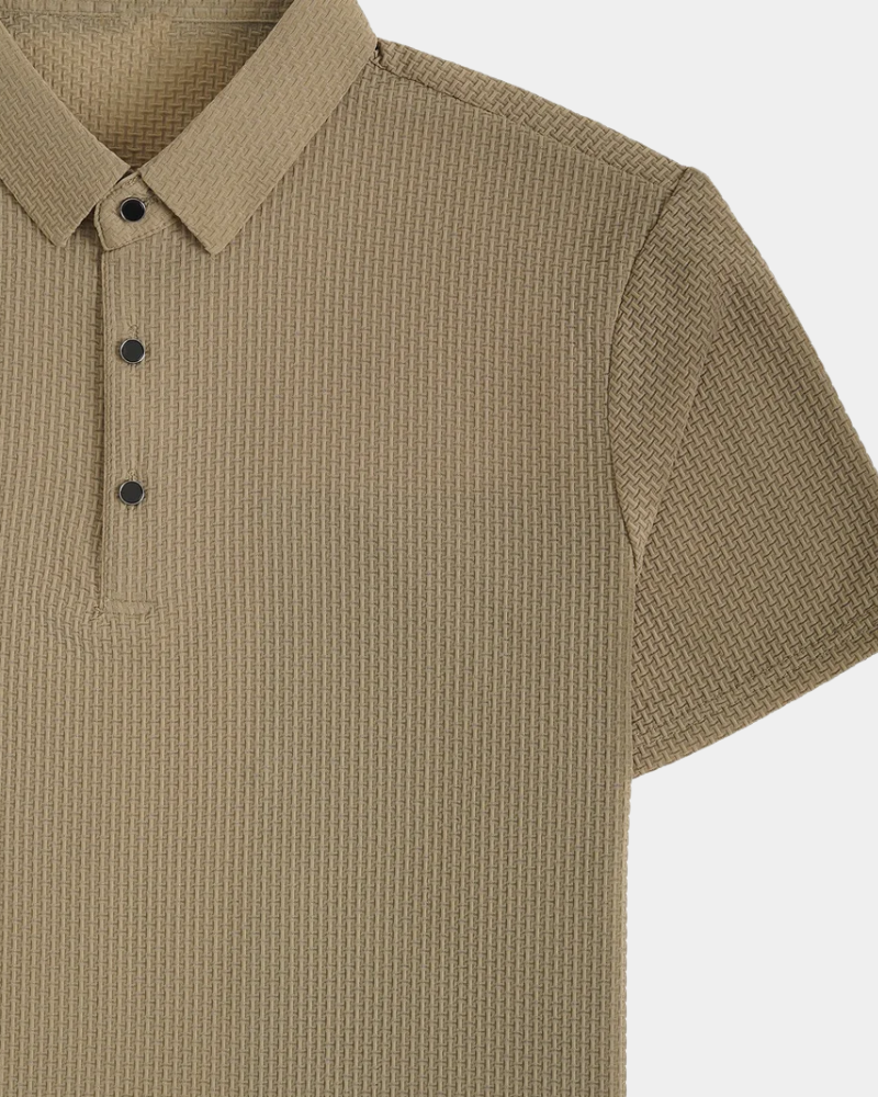 Close-up of a beige textured polo shirt on a white background #Color_camel