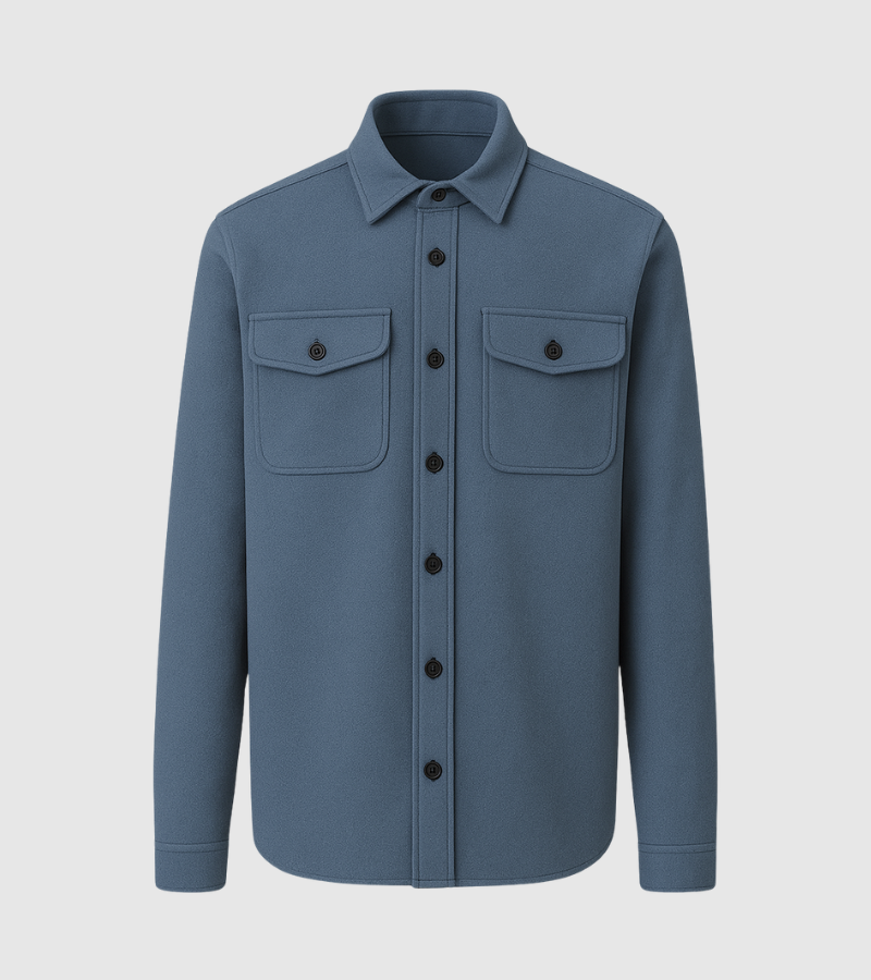 Men's blue button-up shirt jacket with long sleeves and two chest pockets