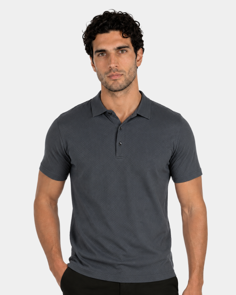Man wearing a gray polo shirt against a white background #Color_dark gray