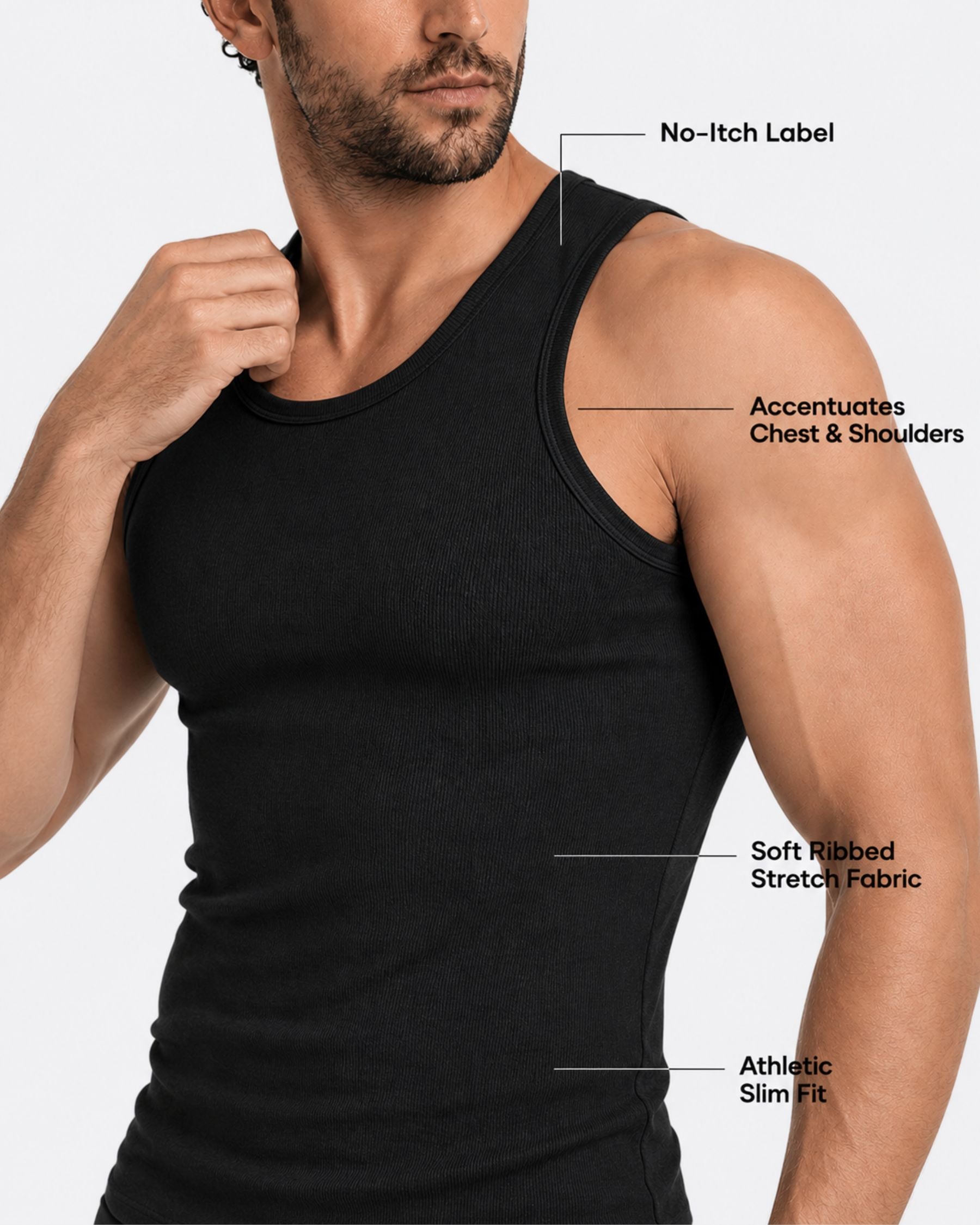 A man wearing a black ribbed tank top against a light gray background, with callout lines highlighting features such as a no-itch label, chest and shoulder shaping, stretch fabric, and athletic slim fit.