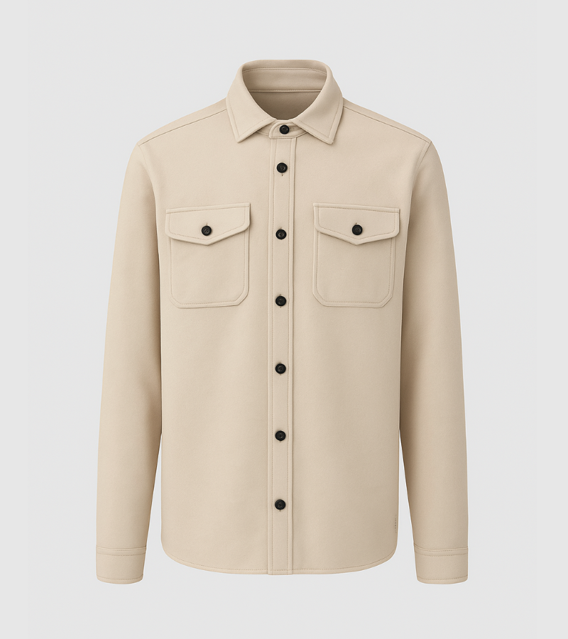 Beige shirt jacket with black buttons on a light gray background