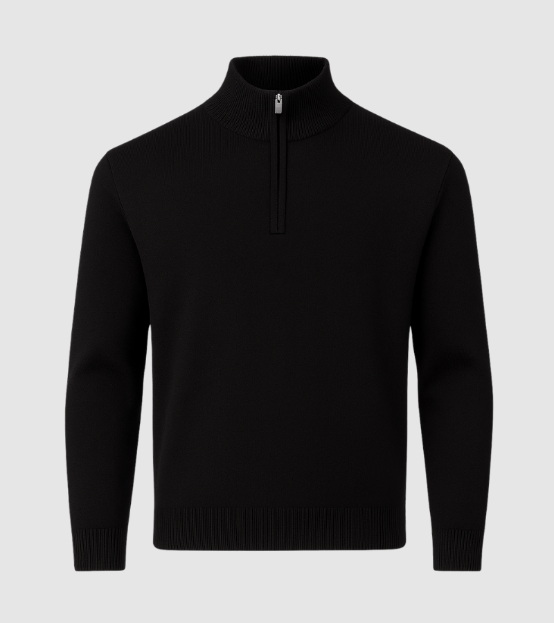 Black half-zip sweater on a light gray background