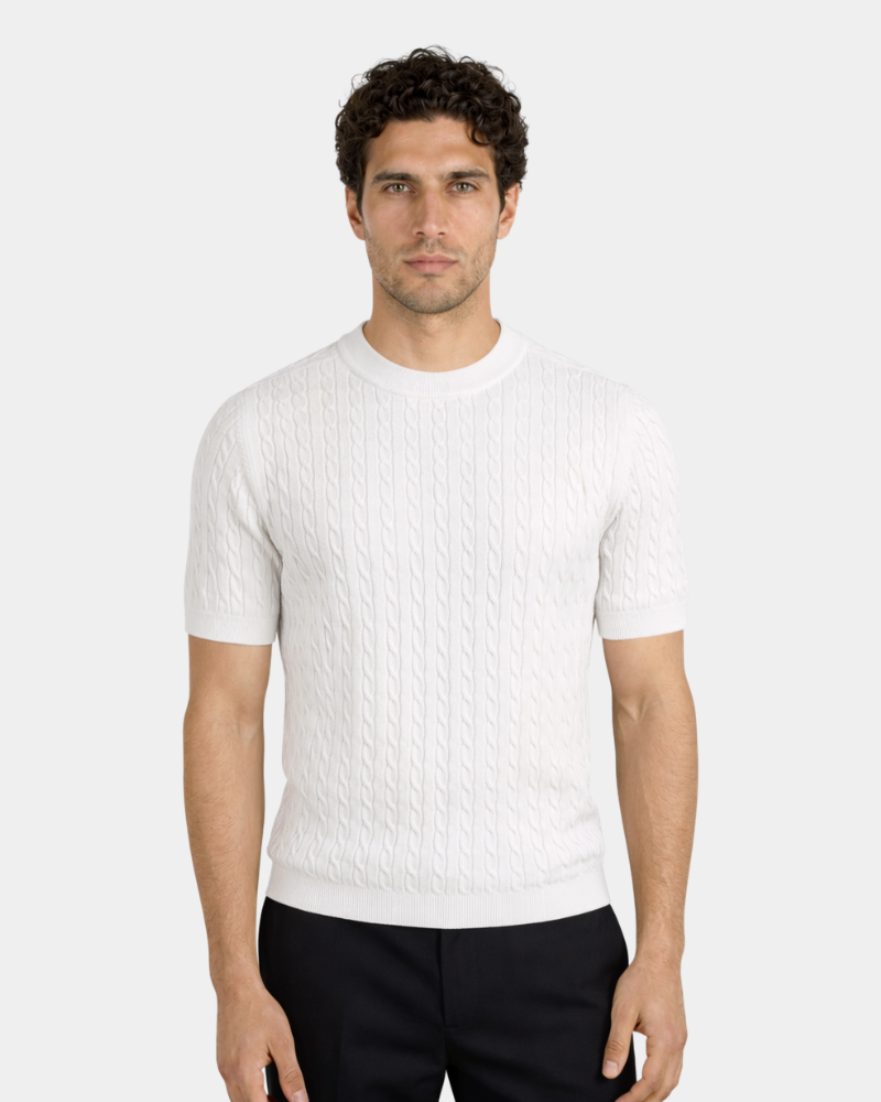 Minimalist luxury white cable knit t-shirt in premium cotton. Slim fit silhouette with ribbed hem and crew neckline.