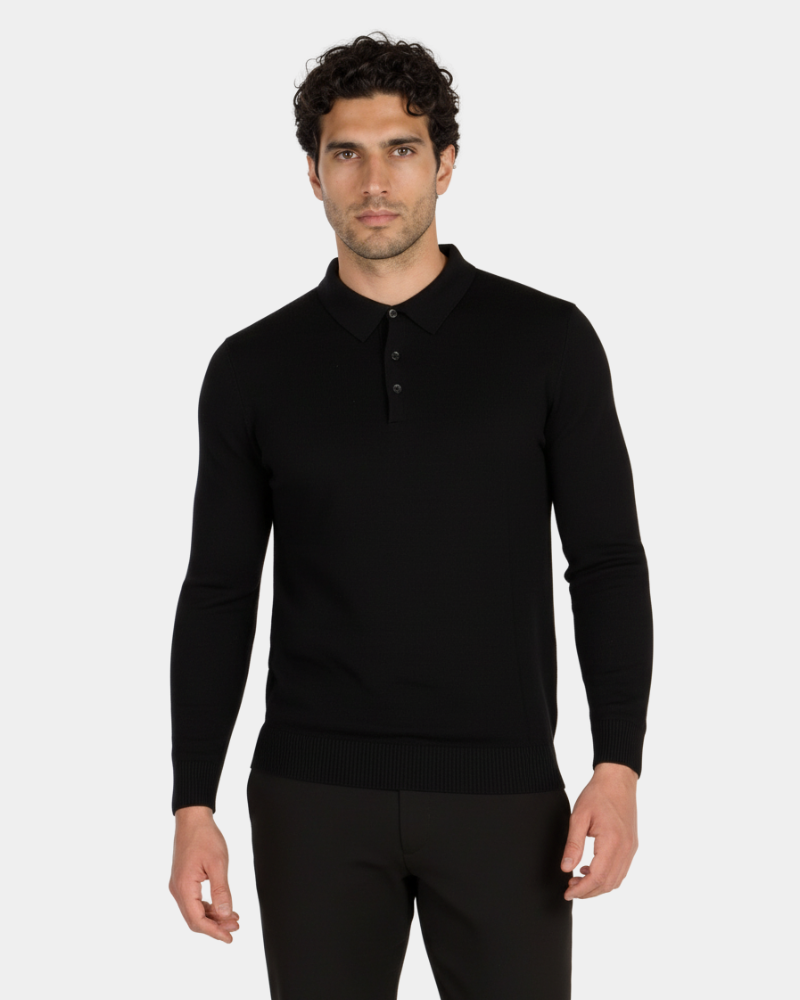 By Alden Minimalist luxury black knit polo in fine-gauge wool. Slim fit with ribbed cuffs and three-button collar. #color_black
