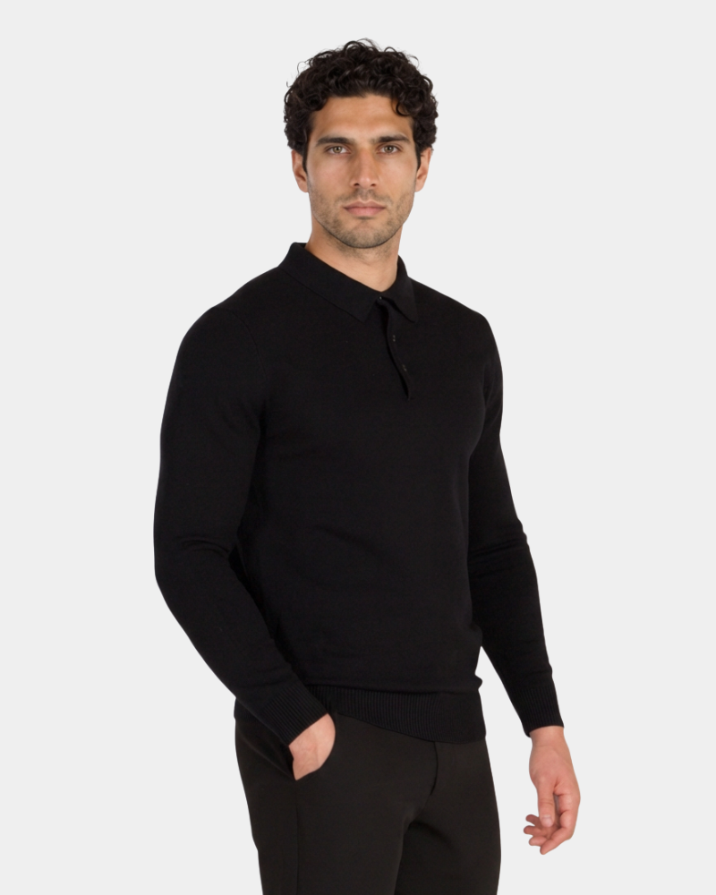 By Alden Luxury black merino wool knit polo in a minimalist slim fit. Features a refined three-button collar and ribbed hem. #color_black