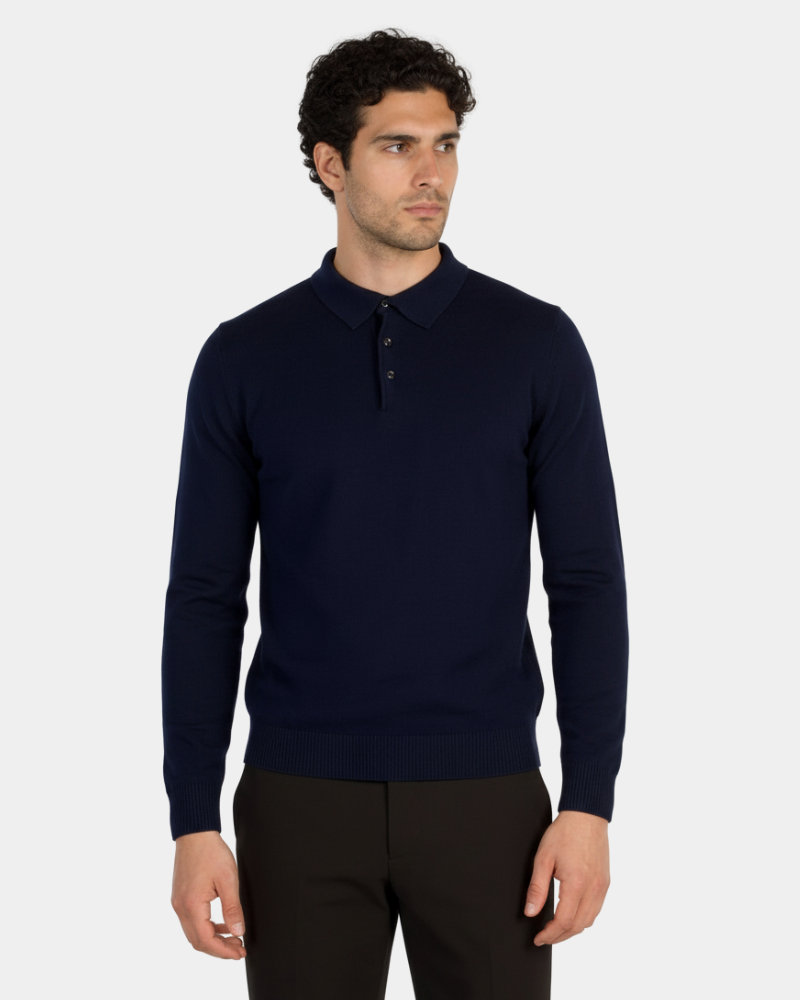 By Alden Minimalist luxury navy knit polo in fine-gauge merino wool. Slim fit with a structured collar and ribbed cuffs. #color_navy