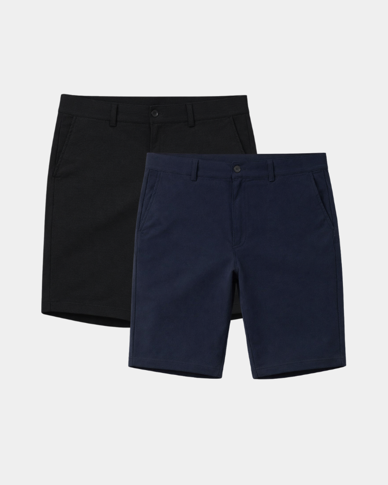 By Alden Minimalist luxury shorts in black and navy. Tailored stretch-cotton twill fabric with a clean, premium flat-front design. #Color_black & navy