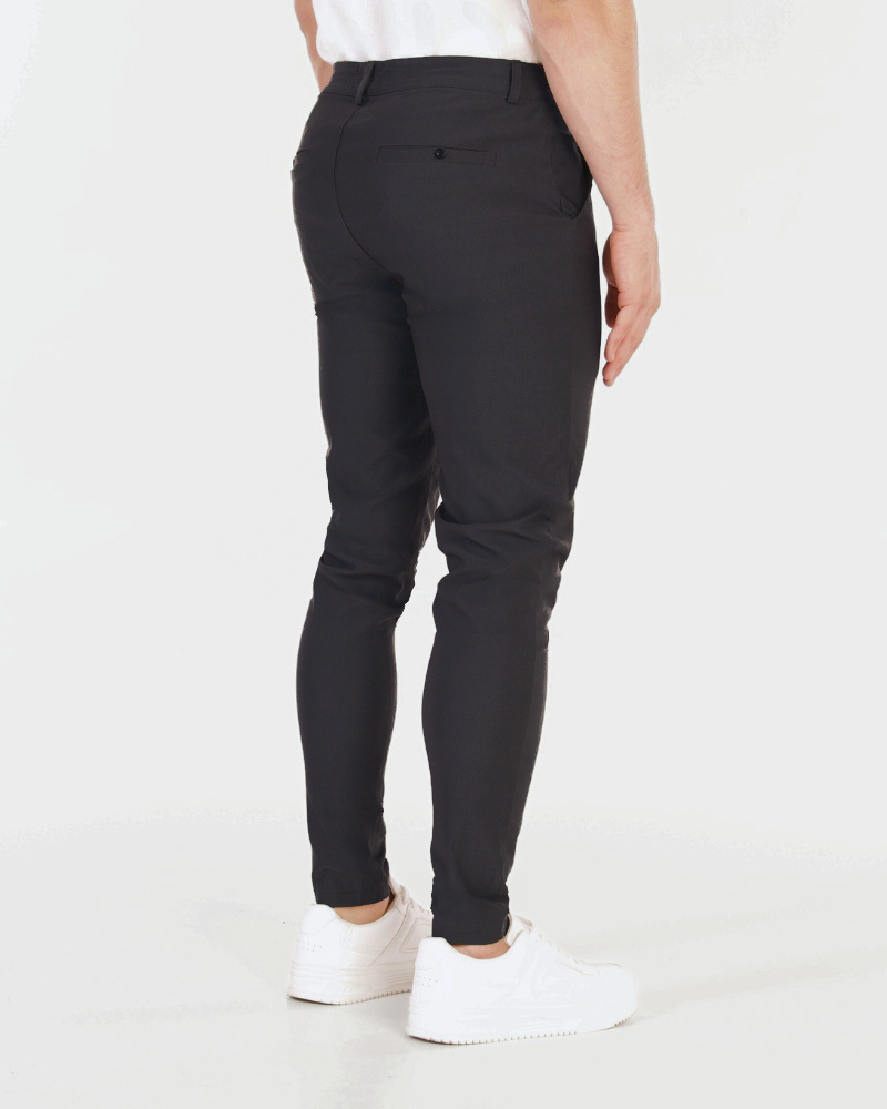 By Alden Minimalist luxury black stretch cotton chinos in a slim fit, featuring rear welt pockets and a smooth, tailored texture. #color_dark gray