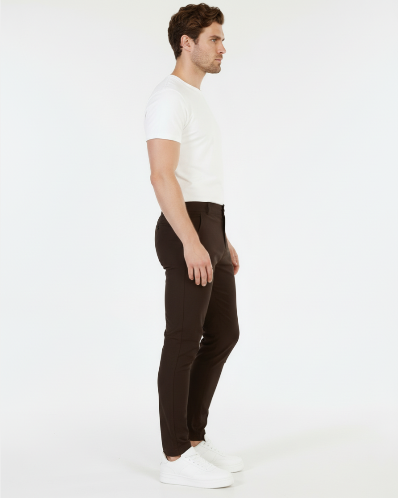 By Alden Minimalist luxury brown stretch cotton chinos featuring a tailored slim fit and smooth, premium matte finish. #color_dark brown