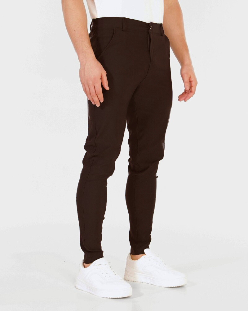 By Alden Minimalist luxury chocolate brown stretch cotton chinos in a slim fit, featuring a smooth, breathable matte texture. #color_dark brown @model-info