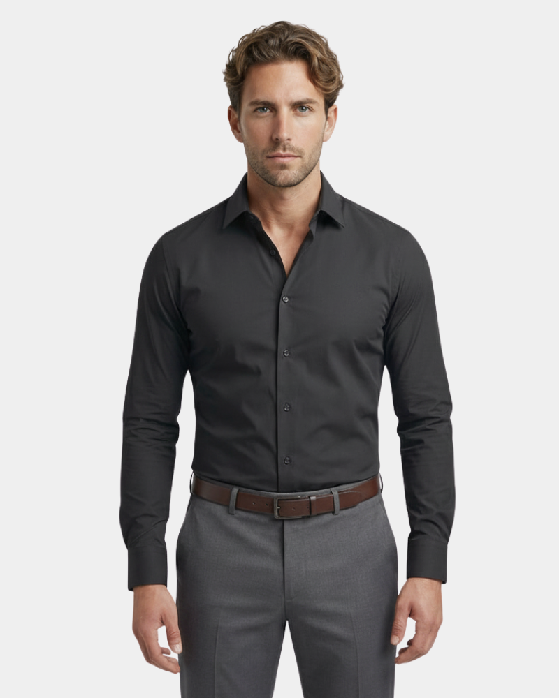 Minimalist luxury charcoal shirt in matte performance cotton blend. Slim fit, tailored look on model.