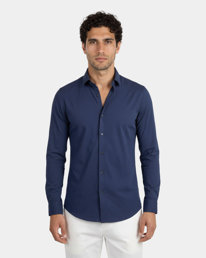Luxury minimalist navy shirt. Slim fit performance cotton-spandex blend for a sophisticated professional look.