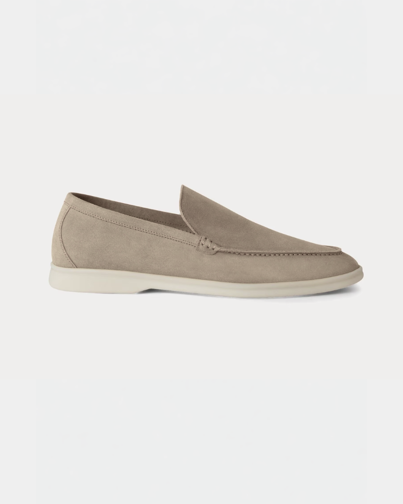By Alden Minimalist luxury beige suede loafers with off-white rubber soles, featuring a clean slip-on fit and premium texture. #color_deep stone