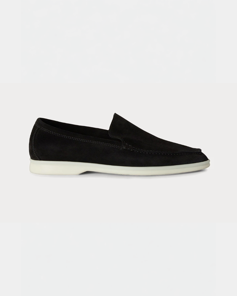 By Alden Minimalist luxury black suede loafers with contrast white rubber soles, featuring a sleek, almond-toe slip-on fit #color_black