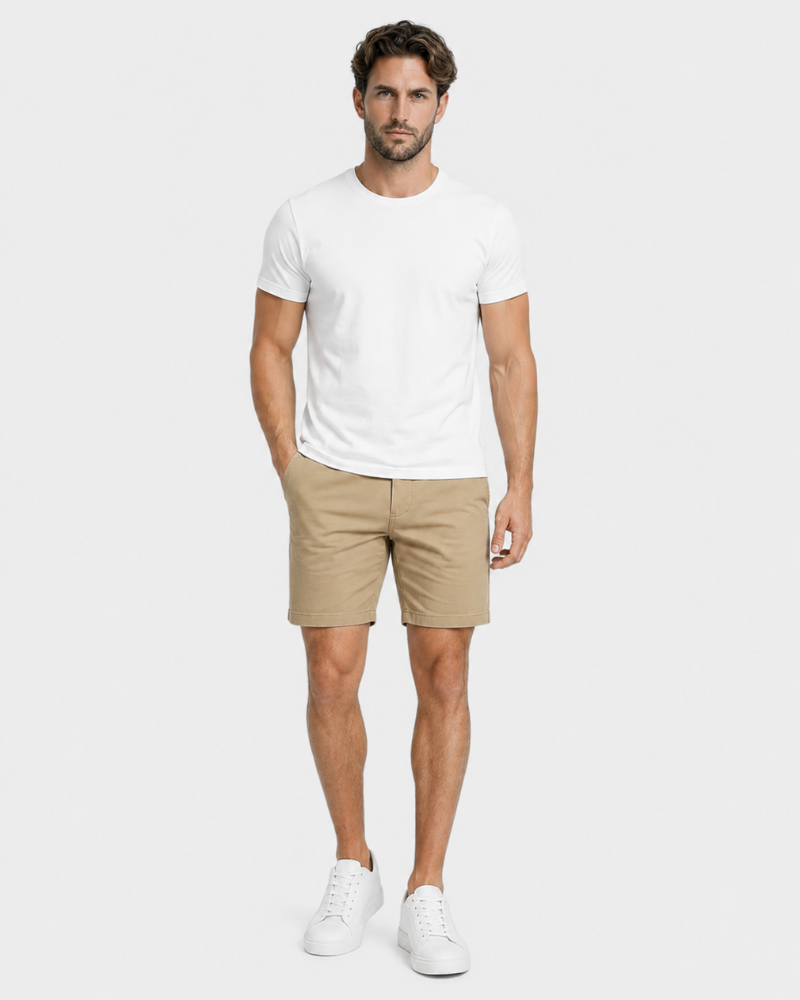 By Alden Beige Shorts on male model front view full body light gray background #color_beige