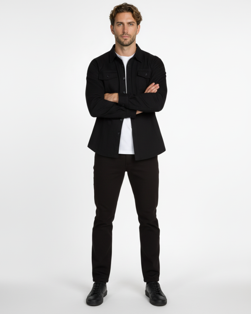 By Alden Black Overshirt worn by a White male model, full front view arms crossed, white background #Color_Black