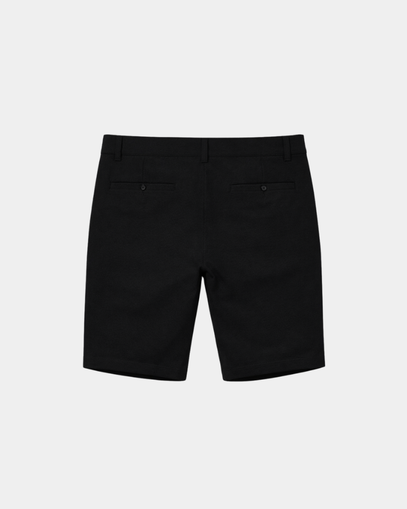 By Alden Black Shorts flat lay back view light gray background #color_black