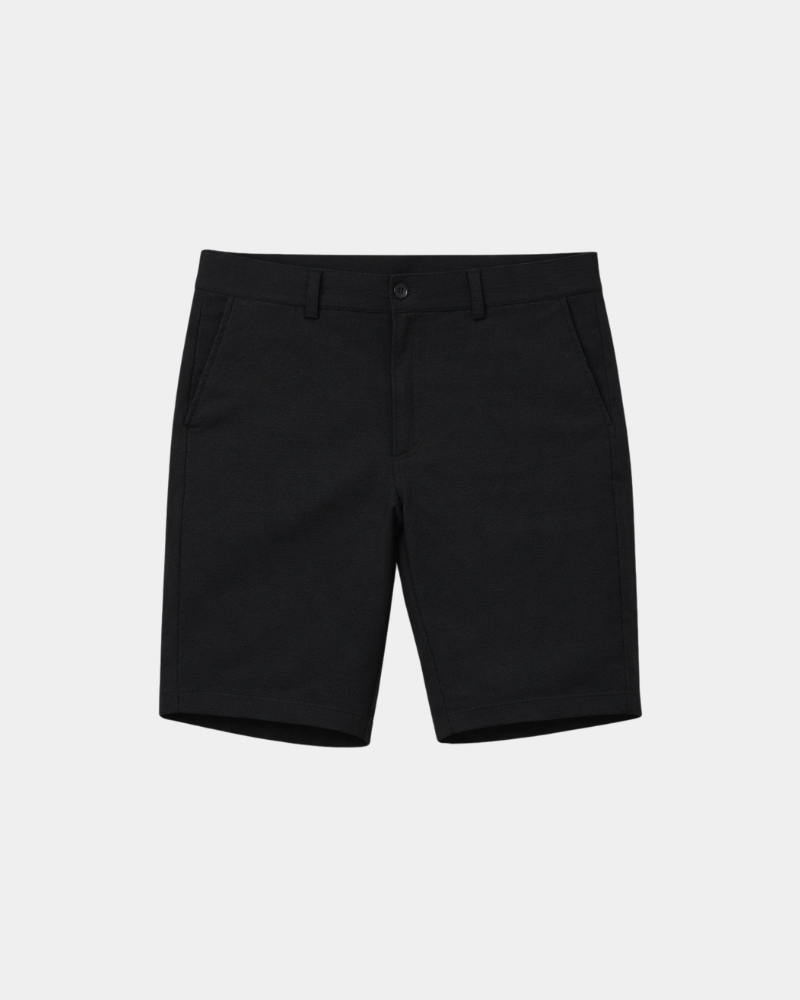 By Alden Black Shorts flat lay front view light gray background #color_black