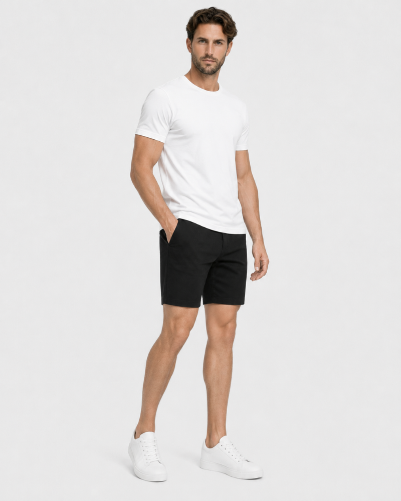 By Alden Black Shorts on male model front angle full body view light gray background #color_black