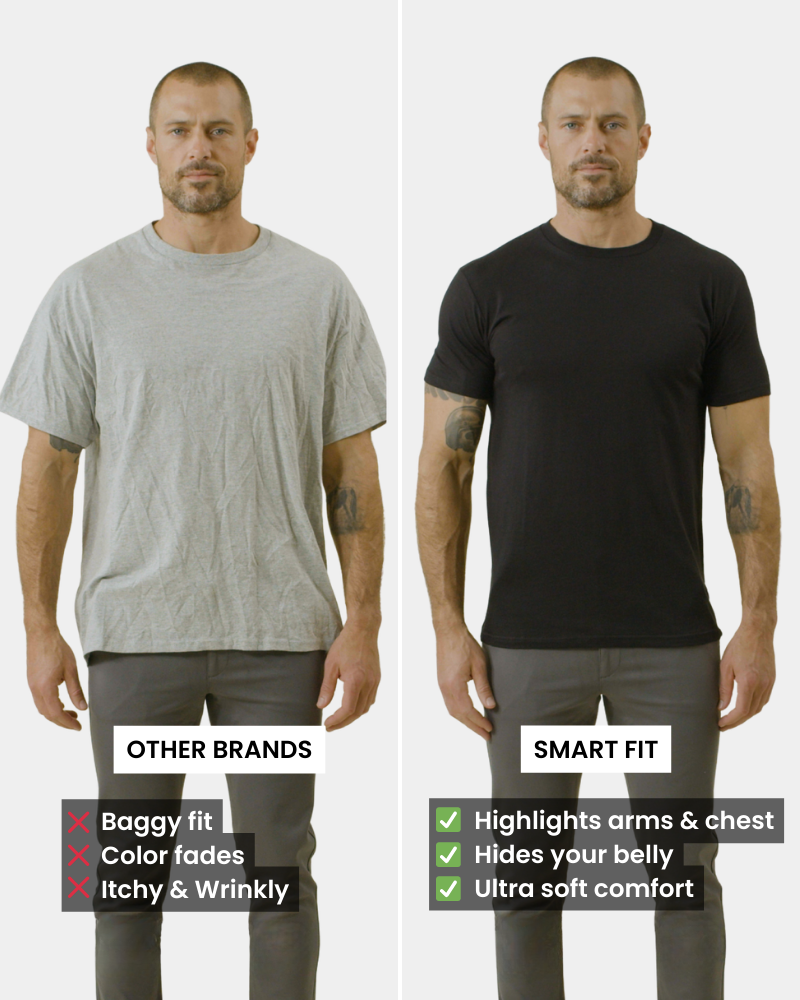By Alden Black Smart Fit Crew Neck T-Shirt comparison infographic worn by a White male model, front view, light grey background