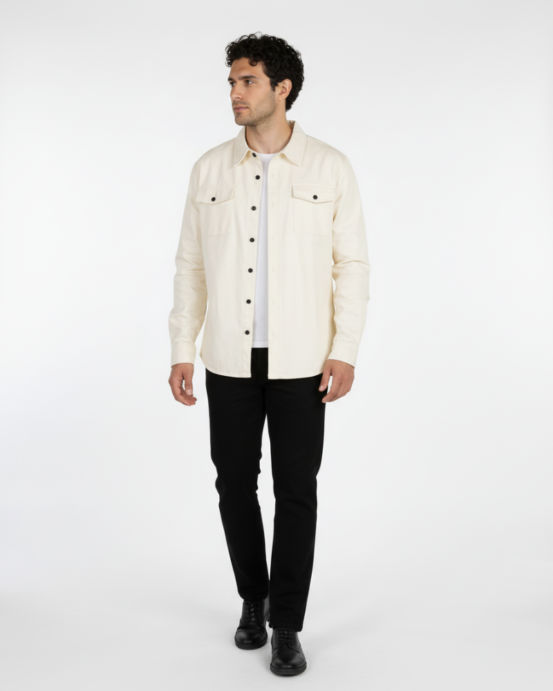 By Alden Cream Overshirt worn by a male model, full front angle view walking, white background #Color_off white