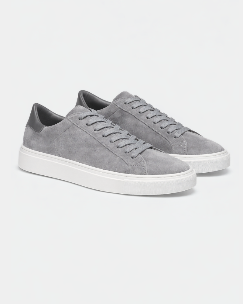 By Alden Gray Suede Classic Trainers, angled pair view, light grey background #color_gray