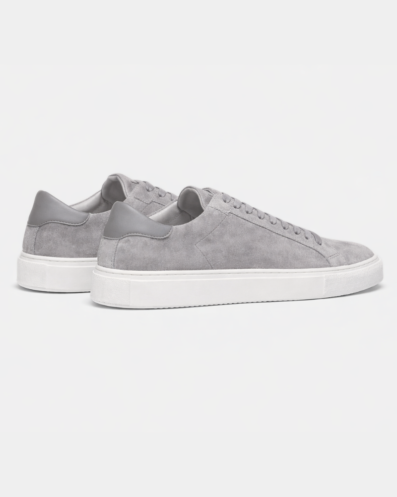 By Alden Grey Suede Classic Trainers, angled rear pair view, light grey background #color_gray