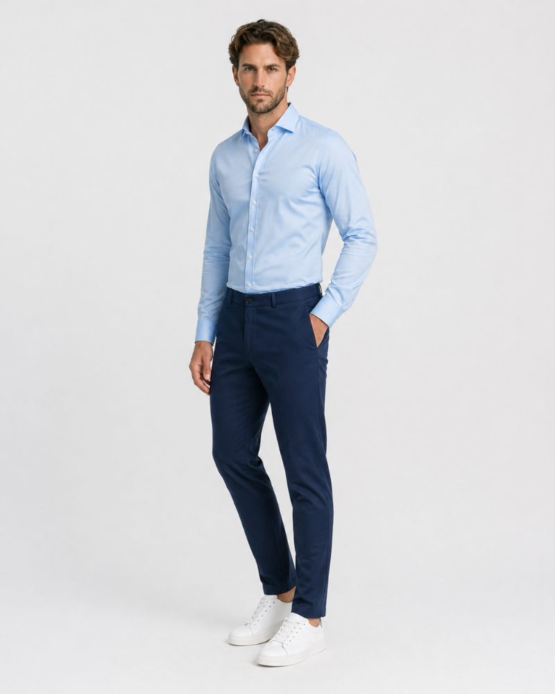 By Alden Light Blue Slim Fit Dress Shirt worn by a White male model, full front angle view, light grey background #Color_light blue