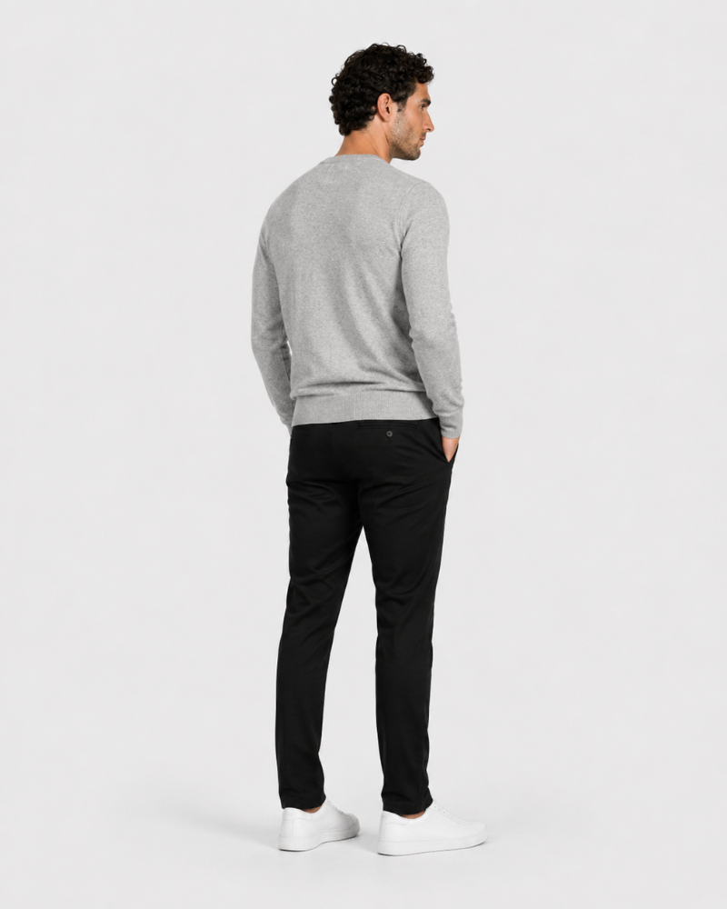By Alden Light Grey Crew Neck Knit Sweater worn by a male model, full back view, light grey background #Color_Gray