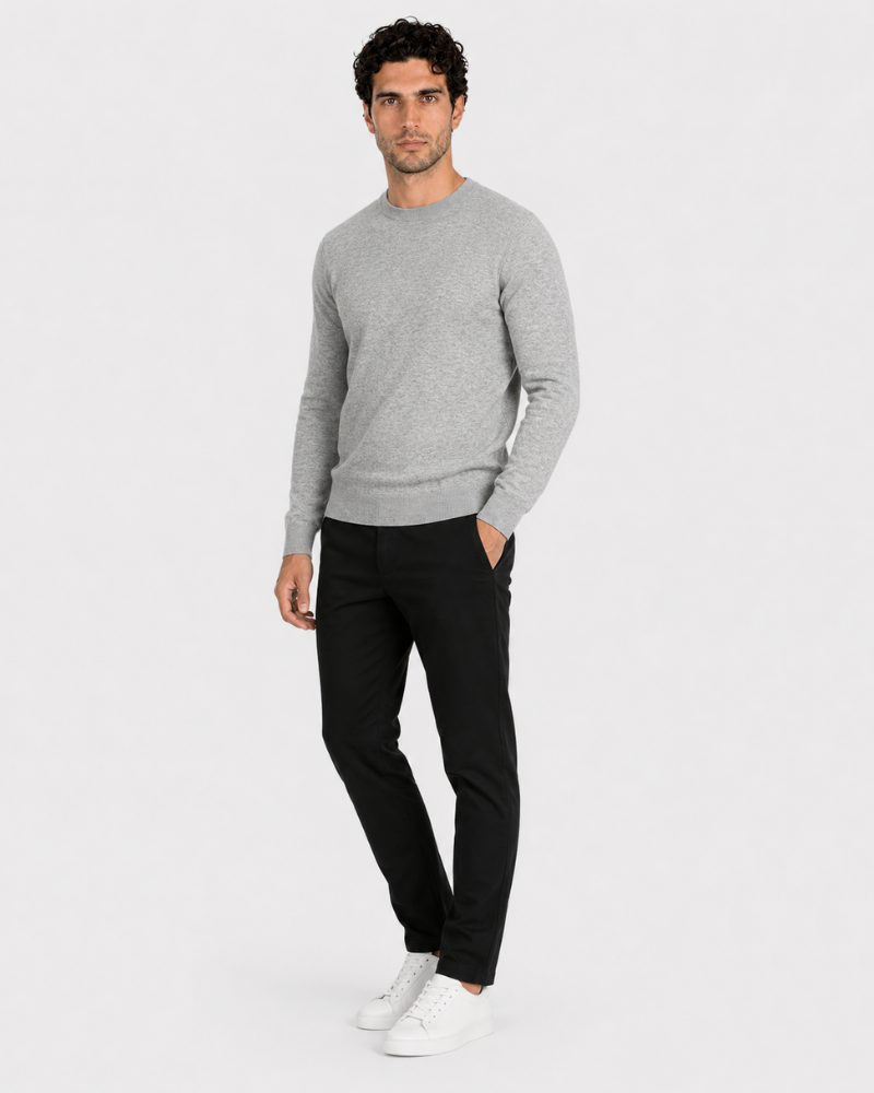 By Alden Light Grey Crew Neck Knit Sweater worn by a male model, full front view, light grey background #Color_Gray