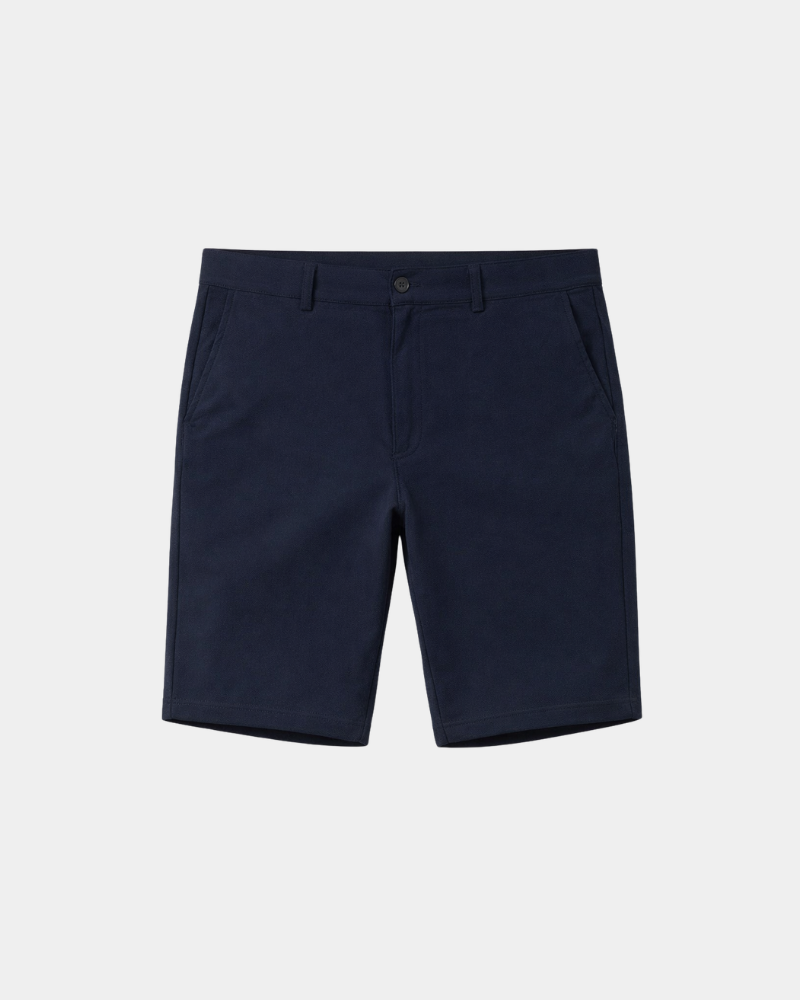 By Alden Navy Shorts flat lay front view light gray background #color_navy