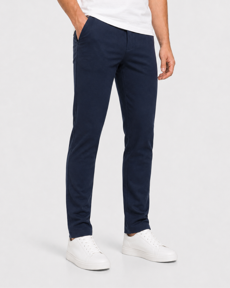 By Alden Navy pants worn by a person on a white background #Color_navy