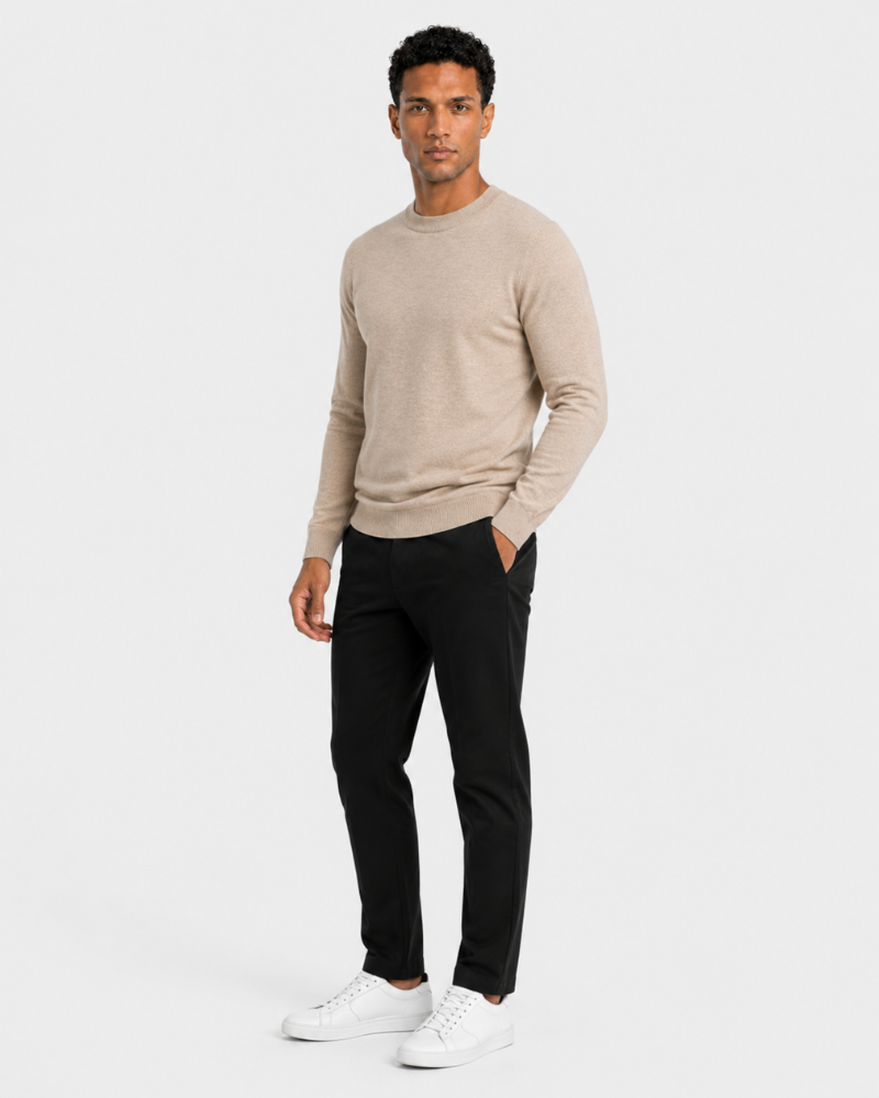By Alden Oatmeal Crew Neck Knit Sweater worn by a Black male model, full front view, light grey background #Color_Beige