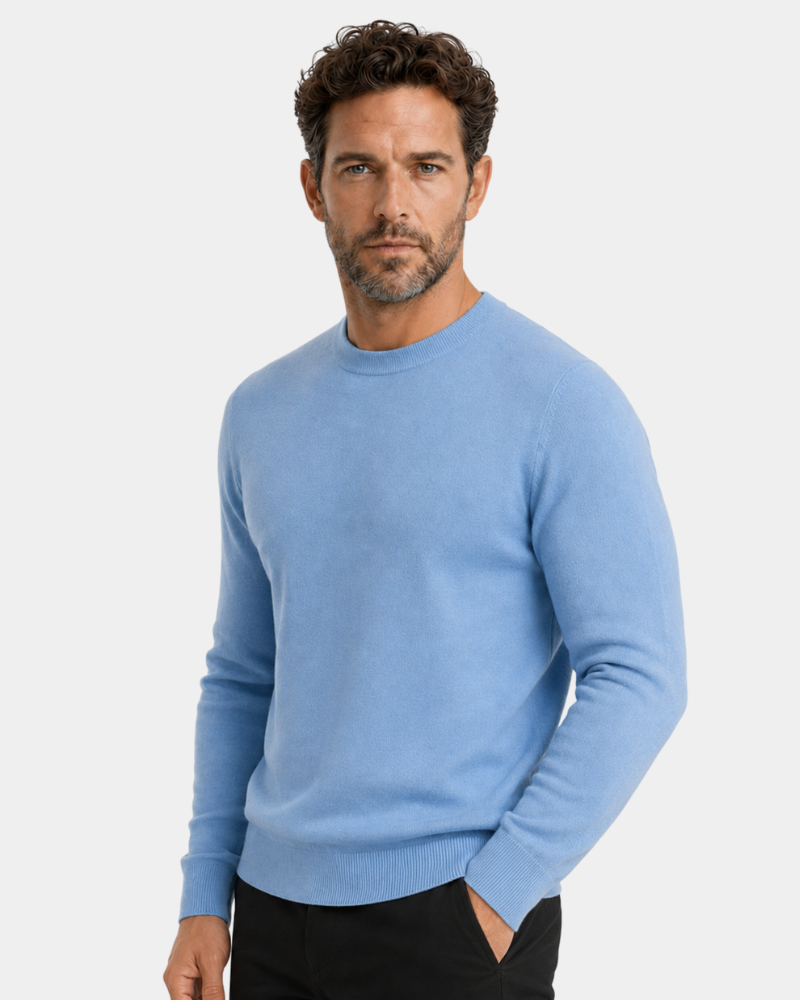 By Alden Sky Blue Crew Neck Knit Sweater worn by a white male model, cropped front angle view, light grey background #Color_light blue