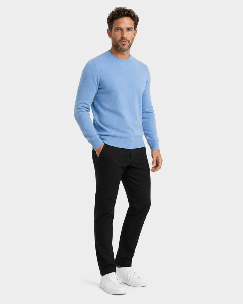 By Alden Sky Blue Crew Neck Knit Sweater worn by a White male model, full front view, light grey background #Color_light blue