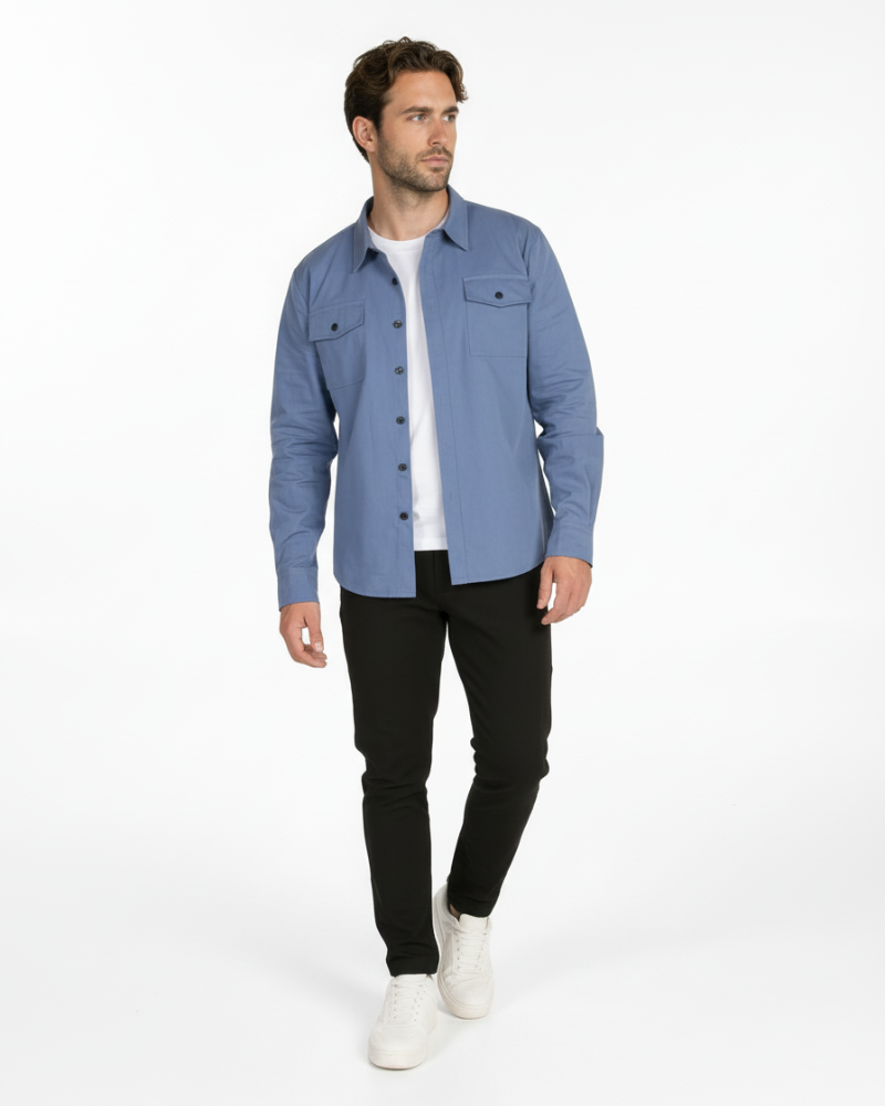 By Alden Steel Blue Overshirt worn by a White male model, full front angle view walking, white background #Color_lake blue