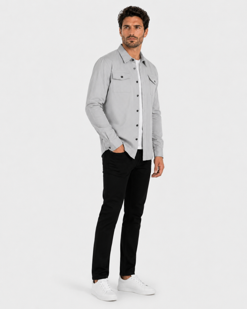 By Alden Stone Gray Overshirt worn by a male model, cropped side profile view, light grey background #Color_Gray