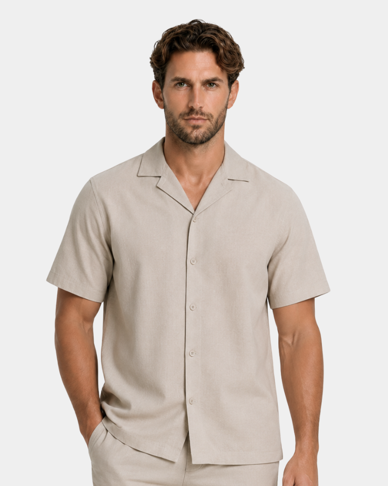 By Alden Stone Linen Camp Collar Shirt worn by a White male model, cropped front view, light grey background #color_stone
