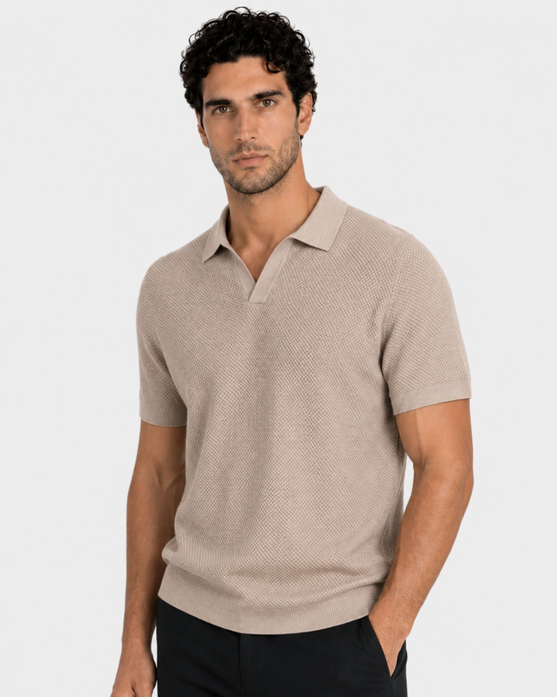 By Alden Stone open-collar knit polo shirt on male model, three-quarter view, upper body, light gray background. #color_stone