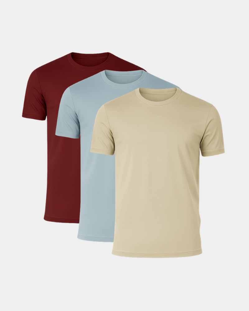Three plain t-shirts in red, blue, and beige on a light gray background #Color_mixed summer colors
