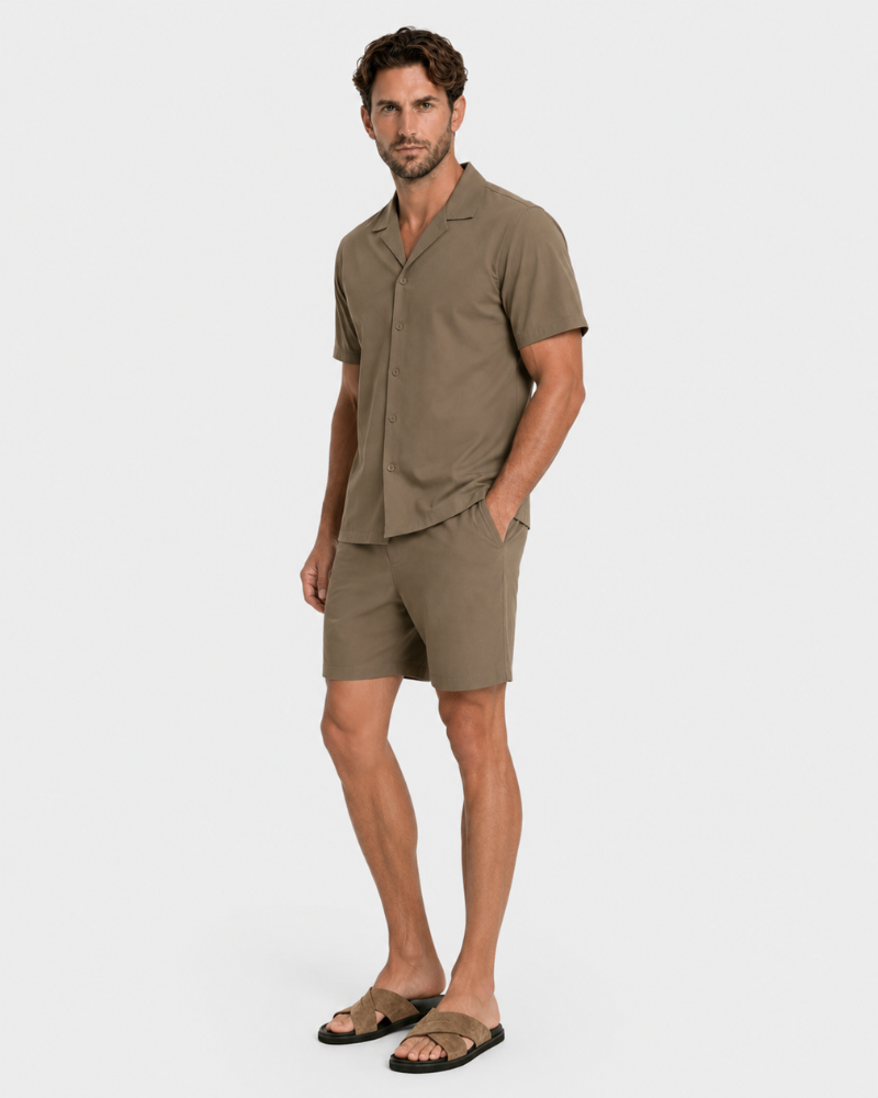 By Alden Warm Taupe Linen Shorts worn by a White male model, full front angle view styled as matching set, light grey background #Color_warm taupe