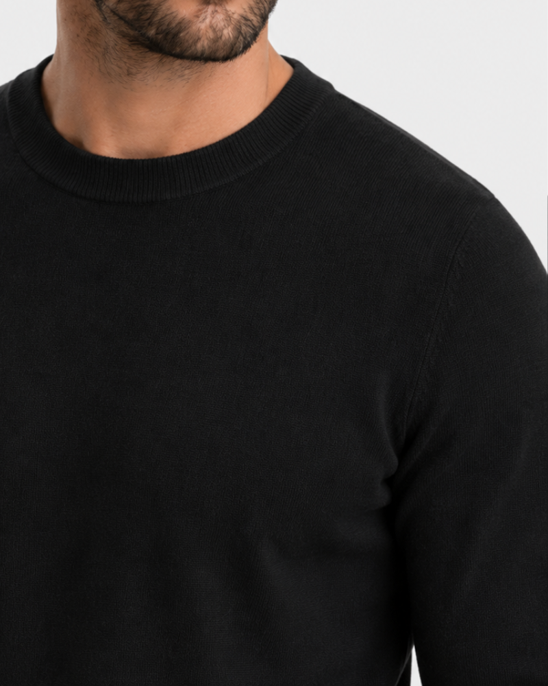 By Alden black crewneck knit sweater close-up detail of ribbed neckline on white background #Color_Black