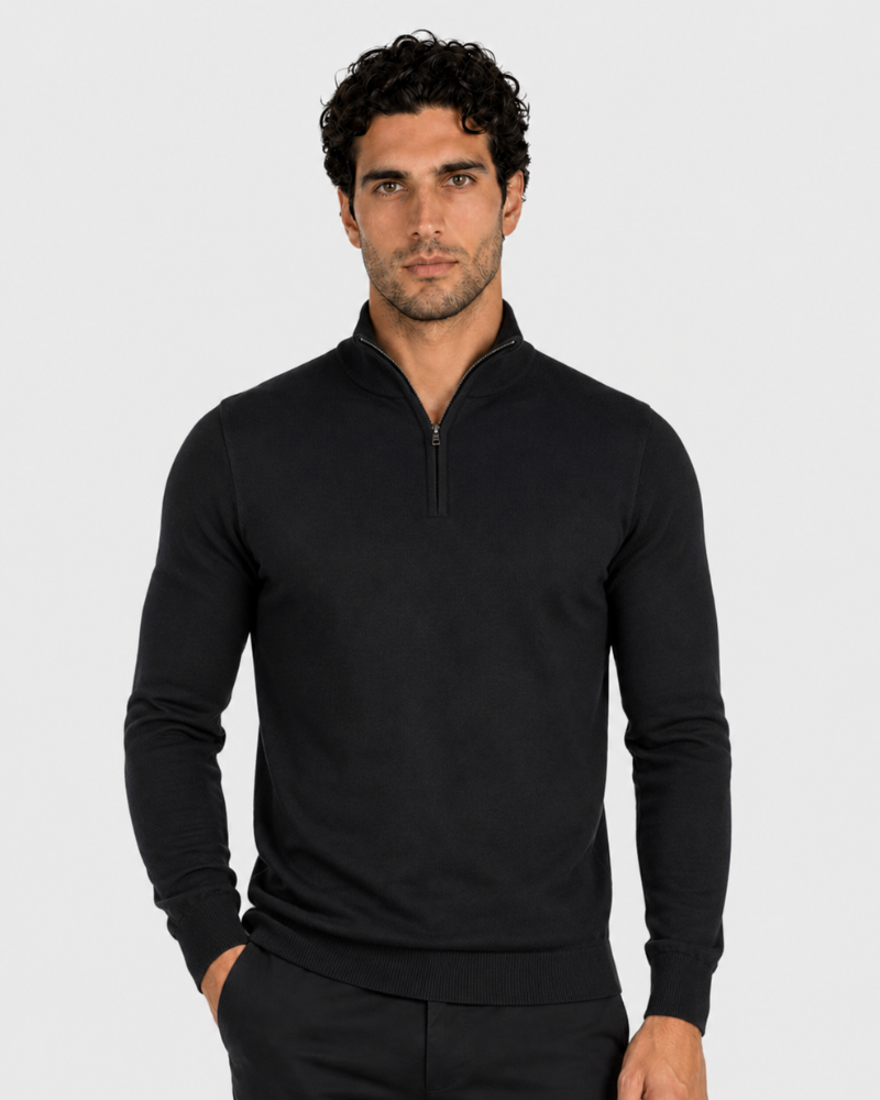By Alden black half-zip knit sweater on male model, front view, upper body, light gray background. #Color_black