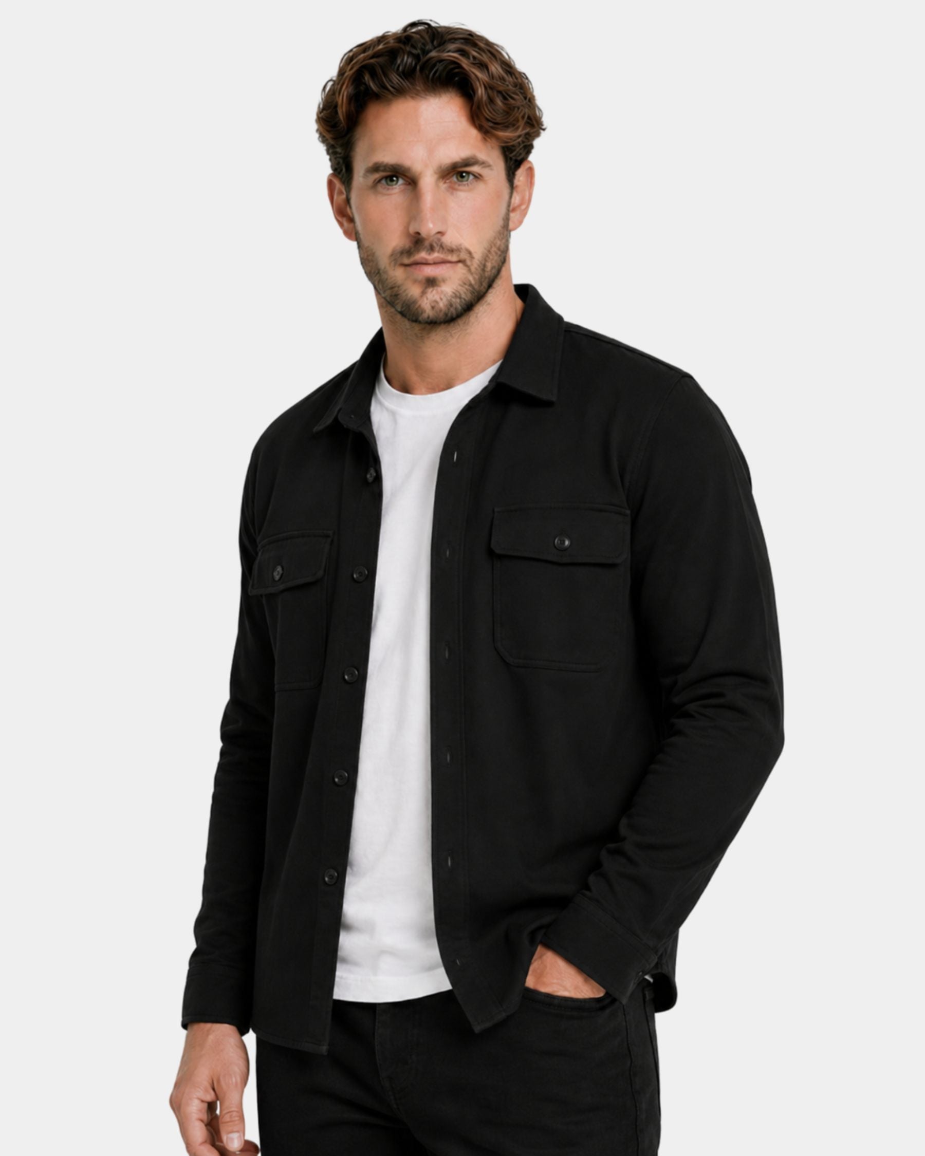 By Alden black overshirt on male model, three-quarter view upper body, light gray background #Color_black