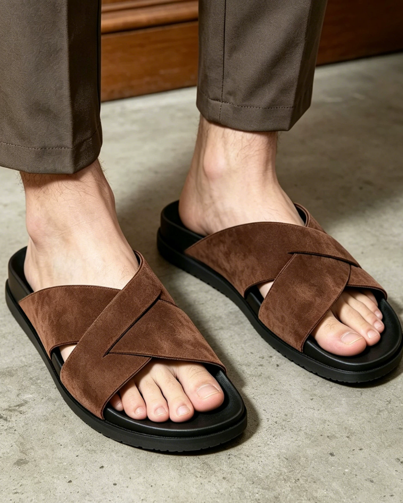 By Alden brown cross-strap suede slide sandal, male Caucasian model, close-up view, concrete background #Color_brown