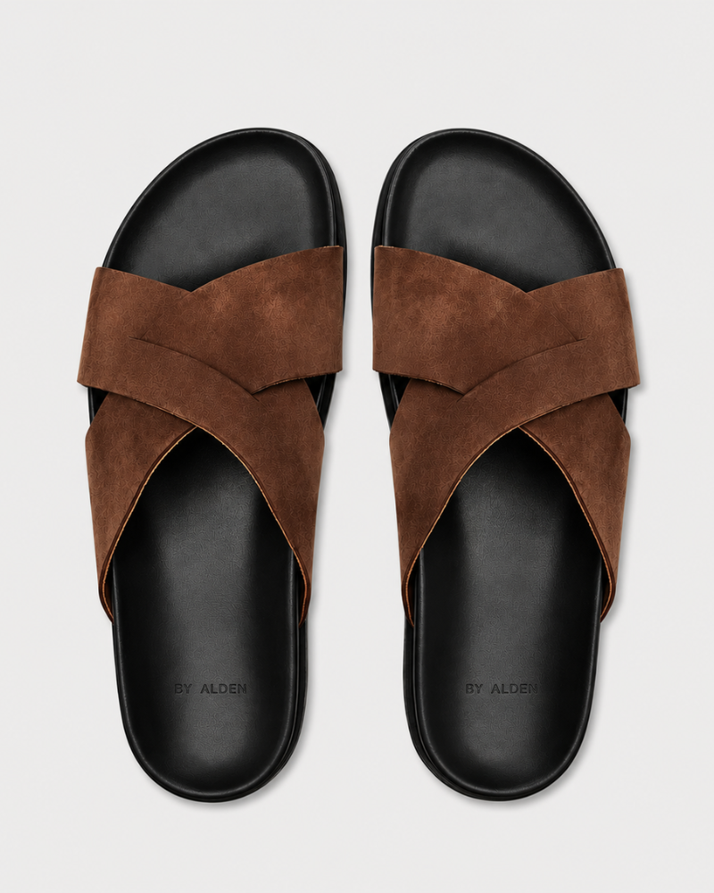 By Alden brown cross-strap suede slide sandals pair, black sole, top view, gray background #Color_brown
