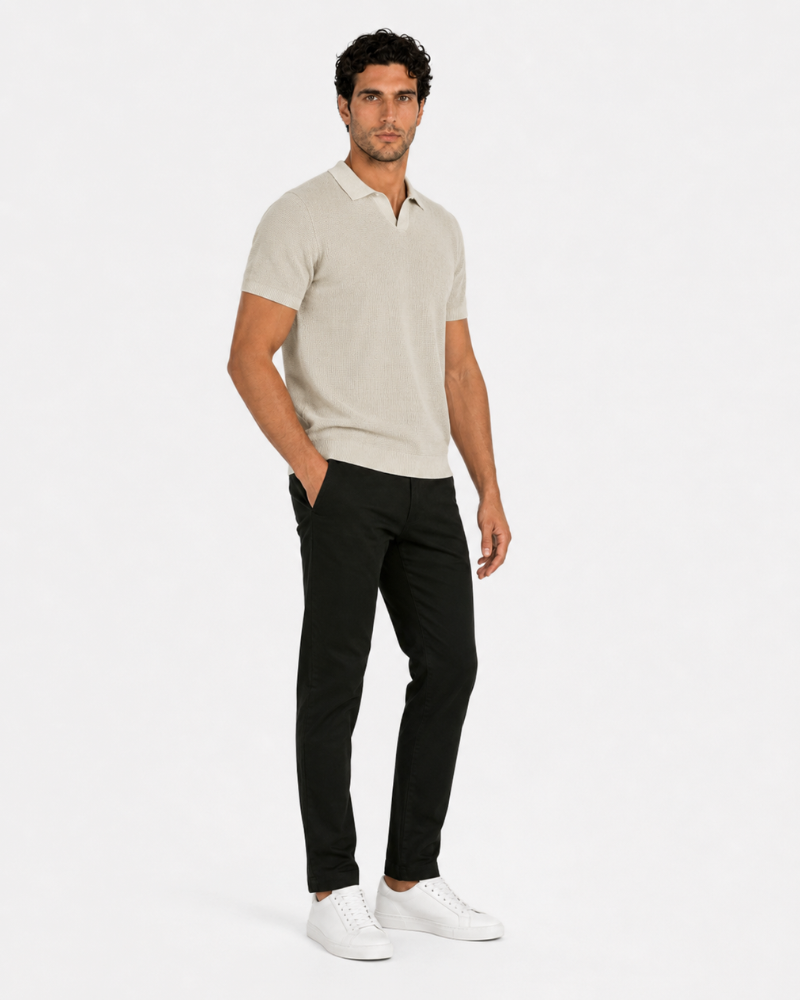 By Alden cream open-collar knit polo shirt on male model, three-quarter view, full body, light gray background. #color_off white