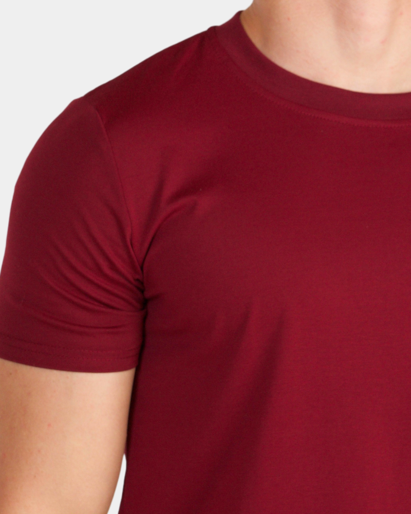 By Alden dark red crew neck t-shirt on male Caucasian model, close-up shoulder detail, gray bg #Color_dark red